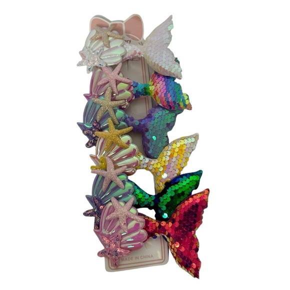 Mermaid Hair Accessories set of 6 Clip On Sequin Mermaid Tail Clips - Picture 2 of 16